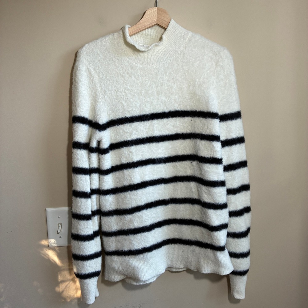 Anthropologie Bailey/44 Striped Mock Sweater XS White Black Womens Fuzzy Knit